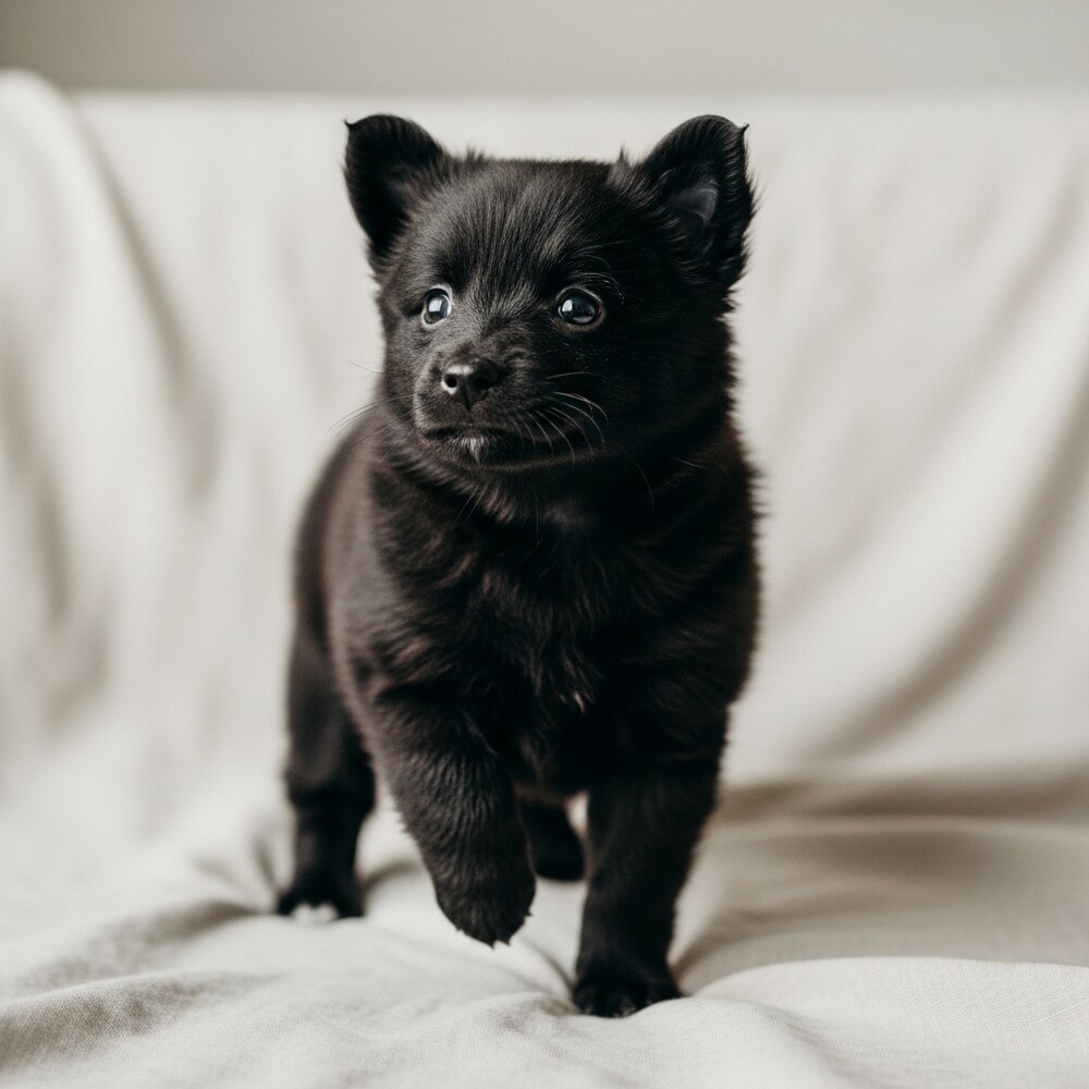 Bohème, chiot spitz moyen noire de huit semaines, debout, expression éveillée