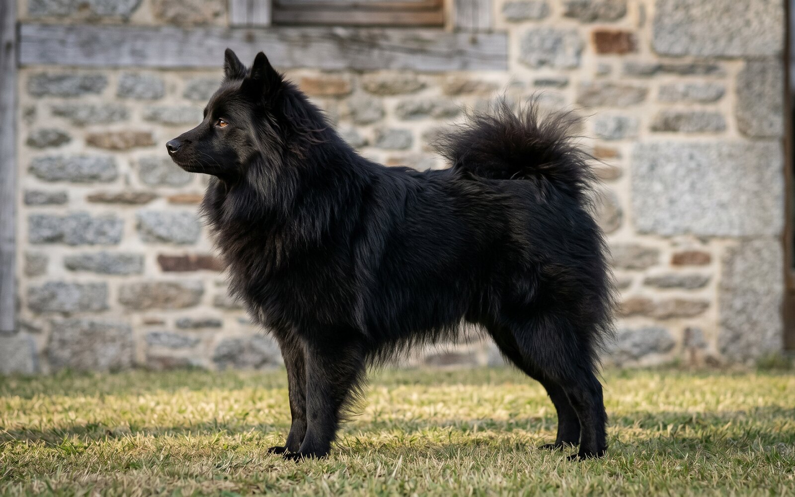 Eiko en statique de profil, queue retroussée sur le dos, devant un mur de pierre